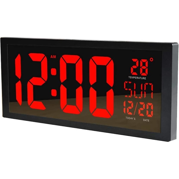 Led digital väggklocka, stor tyst väckarklocka med tidskalender Datum och temperaturdisplay hängande eller bordsröd
