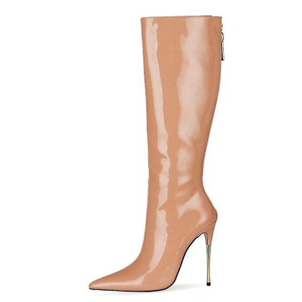 Dame Patent Læder Pu Høje Støvler Spids Tå Lynlås Bagpå Sexede Stiletstøvler Orange 40