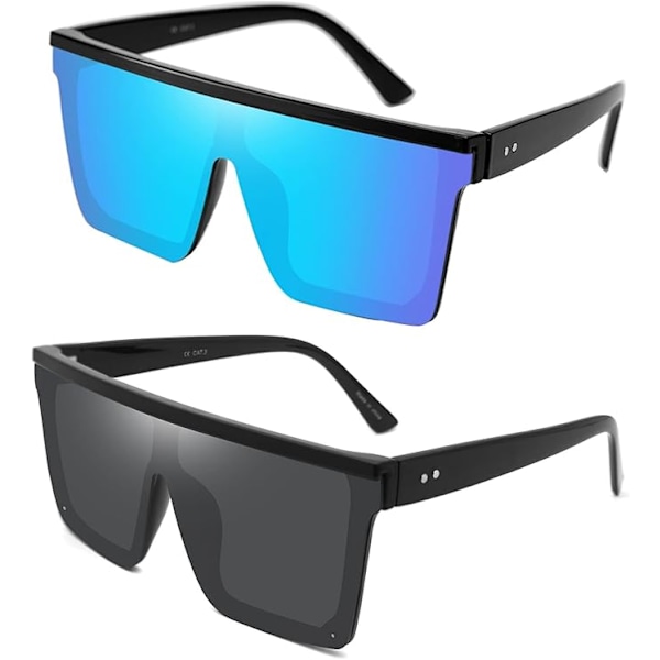 2 Par Firkantede Solbriller med Flad Top til Kvinder og Mænd, Store Moderne Oversized Kantløse Shades Store Spejl Solbriller