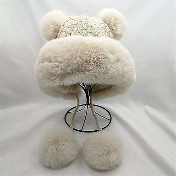 Varm Ullhatt med Öronlappar, Tjock Hatt, Söt Snö- och Vinterkeps för Kvinnor, Varmaste Hatt för Män (Beige)