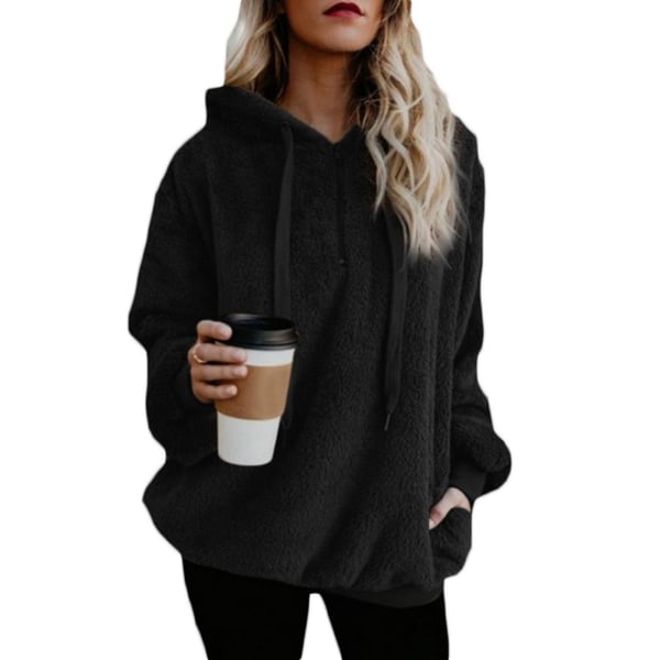 Mjuk och fluffig sweatshirt för kvinnor, höst och vinter, varm dragkedja upp huvtröja pullover med 5XL Black