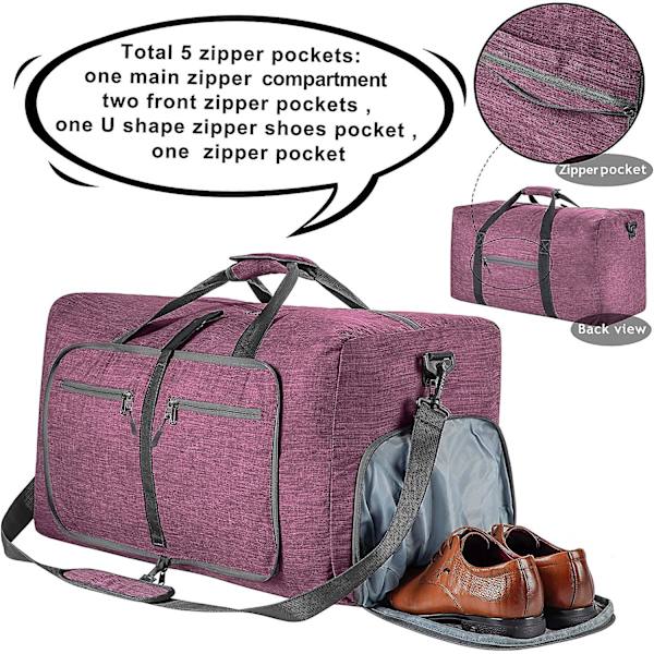 Reise-Dufflebag for menn, 65l sammenleggbar reise-duffelbag med sko-rom nattpose for menn kvinner vanntett og rivebestandig Purple