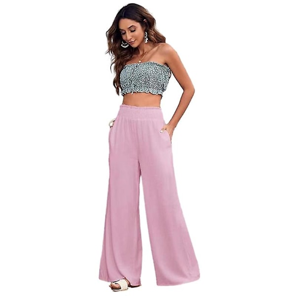 Dam bomullslinnebyxor, vida ben elastisk midja strandbyxor byxor Pink 2XL