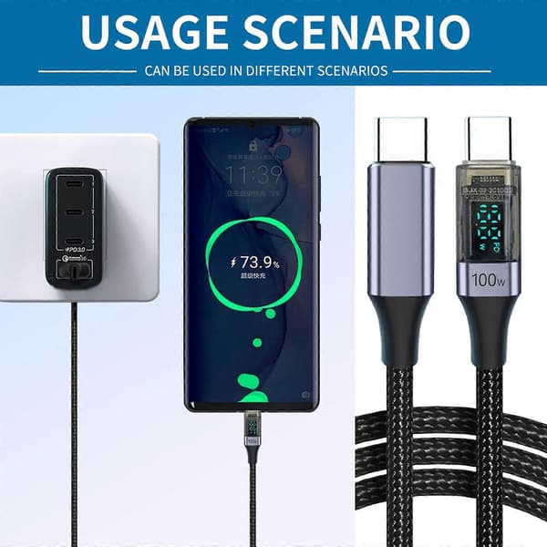 Nylon USB C til USB C Kabel 100W Power Delivery USB C Opladerkabel Med Data Synkronisering Til Gadgets Telefoner Lilla Grey
