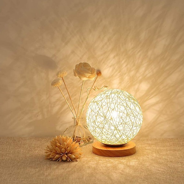 Rattan Sänglampa Rattan Bordslampa Månnattlampa Med Träbas Varm Dekoration För Slutbord Sovrum