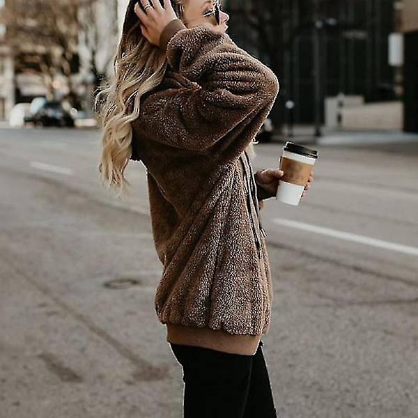 Blød Fuzzy Sweatshirt til Kvinder - Efterår & Vinter - Varmt Lynlås-Hoodie Trøje M Brown