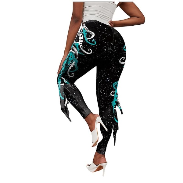 Kvinnors sjöjungfru fiskfjäll leggings magkontroll yoga byxor Black XL