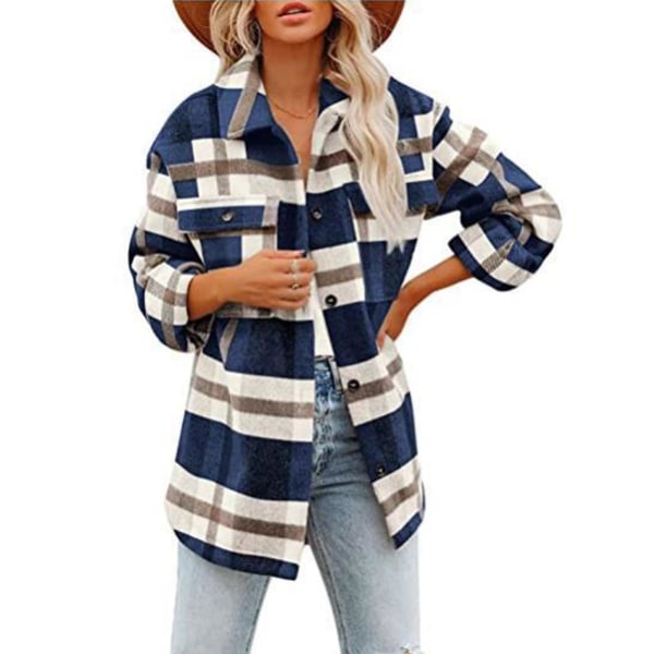 Flanelljakke for kvinner, løs modell, nedbrettskrage, rutemønster, enkelknepping, avslappet XL Blue