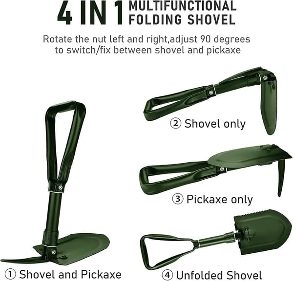 58cm hopfällbar spade, multifunktionsspade i kolstål (grön)