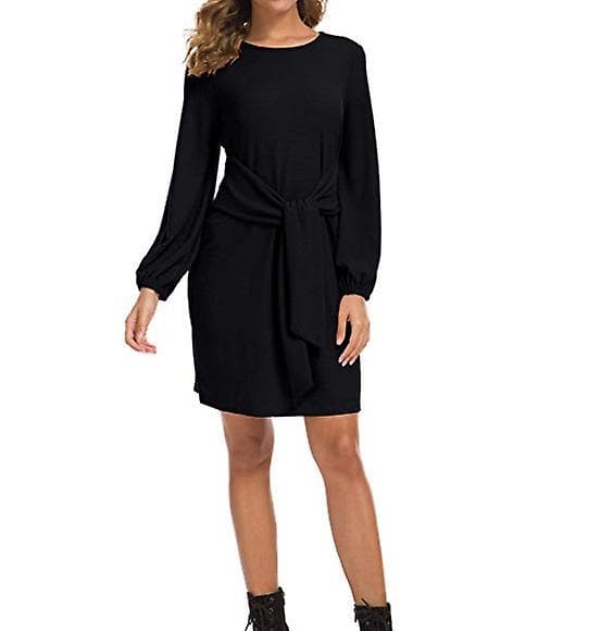 Bomullsmateriale Dame Genser Kjole Elegant Genser Rund Krage Vinterkjole Black S