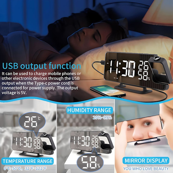 Projektionsväckarklocka med radio, digital spegelklocka med temperatur- och luftfuktighetsdisplay, justerbar ljusstyrka, dubbla alarm, snooze