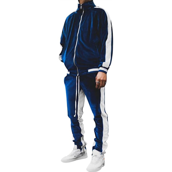 Mjukisdress i sammet för män, avslappnad jacka och byxor Navy S