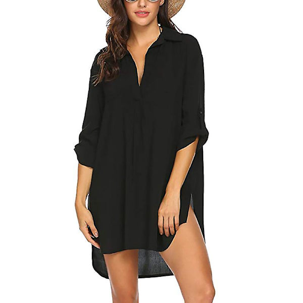 Kvinnors baddräkt strandöverdragskjorta bikini strandkläder Black M