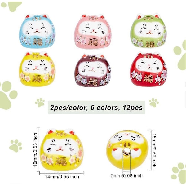 12 stk. 6 farger Lykkekatt Keramiske Perler Maneki Neko Porselensperler Håndlagde Lykkekattperler DIY Spacerperler Løse Perler for Smykkelaging Halskjede