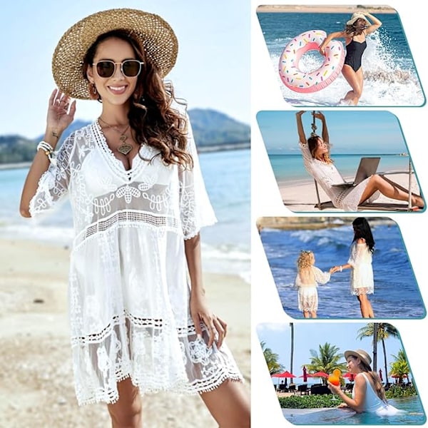 Strandklänning för kvinnor, spets V-ringad baddräkt transparent, strandponcho bikiniöverdrag, elegant sommarklänning för badmode, strandsemester vit