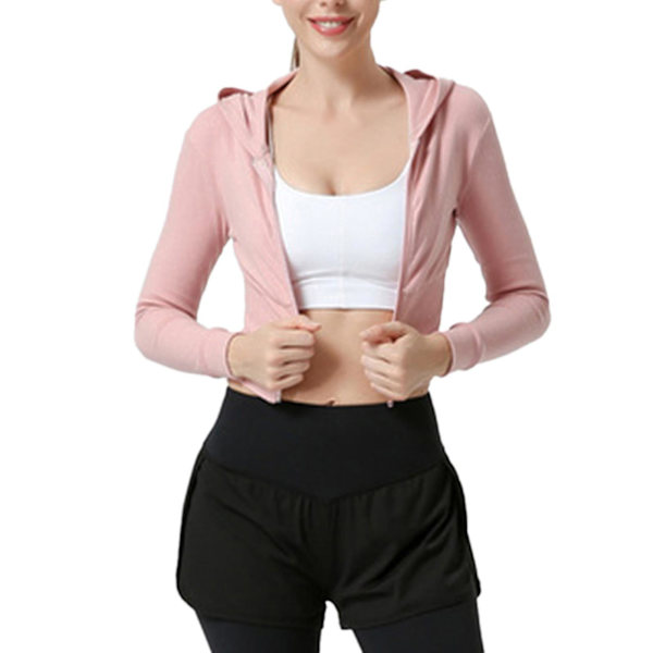 Dame Crop Tops Sweatshirts Langærmet Fuld Lynlås Hættetrøje Tætsiddende Rib Træningsjakke Til XL Pink
