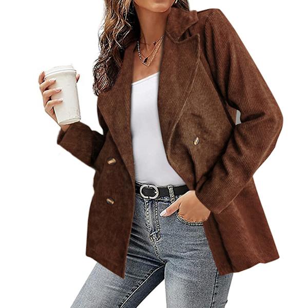 Kordfløyelsjakke for kvinner, ensfarget, løs jakke med jakkeslag, moteriktig yttertøy med lange ermer for 2XL Coffee