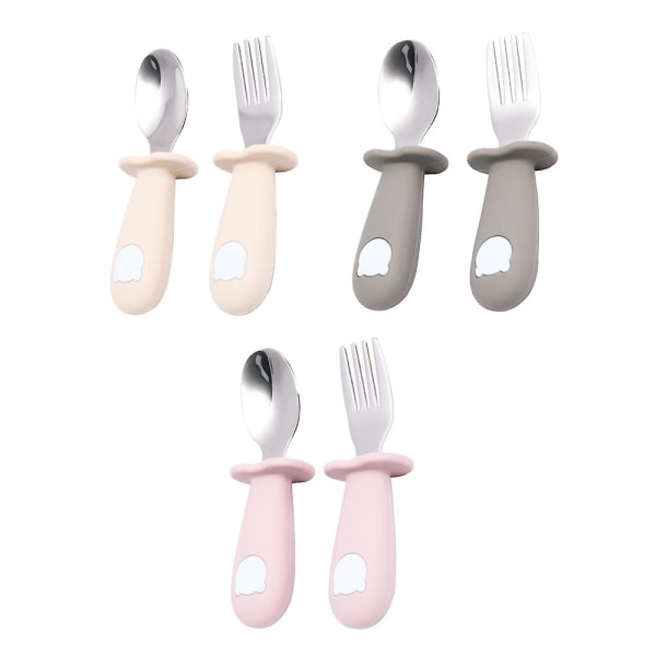 3 set med barnens gafflar och skedar, baby silikon gafflar och skedar set, rostfritt stål bestick style1