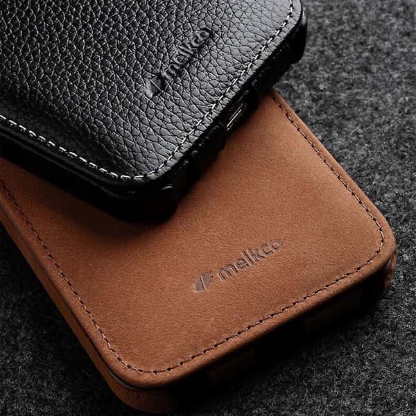 MELKCO iPhone 15 -kotelo, putoamaton pystysuora läppä, aitoa lehmännahkaa + PC-suojus Style E