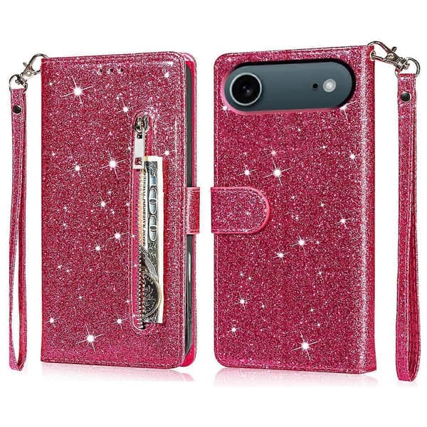 För iPhone 17 Air Stativfodral Glitter Telefon Läderfodral Dragkedjeficka - Ros Rose Multicolor