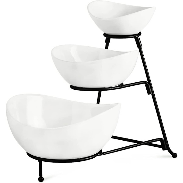 3-lags Serveringsstativ, Etageinddelt Oval Skålstativ med 3 Ovale Porcelænsserveringsskåle Sæt med Sammenklappeligt Tykkere Robust Metalstativ (sort)