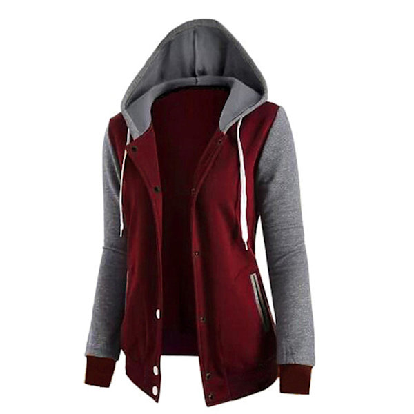 Kvinnors Sweatshirt Patchwork Huvtröja Långärmad Fyrknappars Toppjacka XL Red