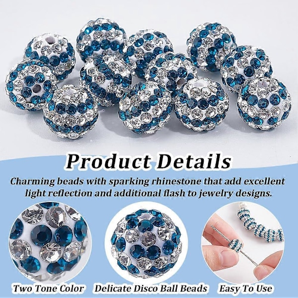 50 stk. 10 mm Stribede Rhinestone Perler Blå Hvide Lerperler Polymer Ler Pave Krystalperler Diskokugleperler 1,6 mm Hul Runde Diamantperler til Smykker