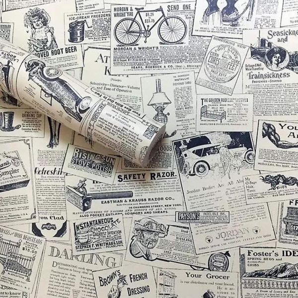 Vintage itseliimautuva tapetti, itseliimautuva kuori ja kiinnitä -tapettipaperi, sanomalehti, 45 cm x 10 m