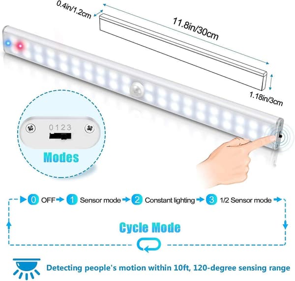 40 LED Skaplampe, bevegelsessensor, USB-oppladbar, 4 moduser, 30 cm (hvitt lys)