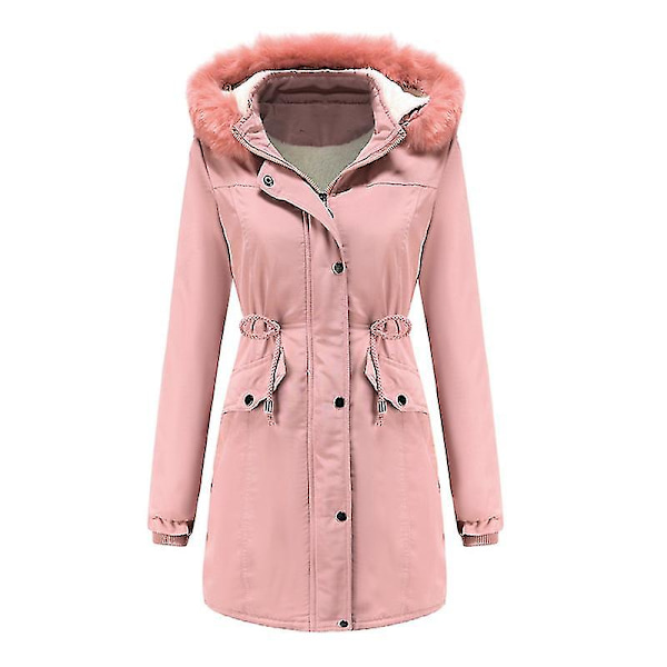 Dame Tykke Vatterte Jakker Med Avtakbar Hatt Vinter Bomullsjakke Hette Varmt Yttertøy 2XL Pink