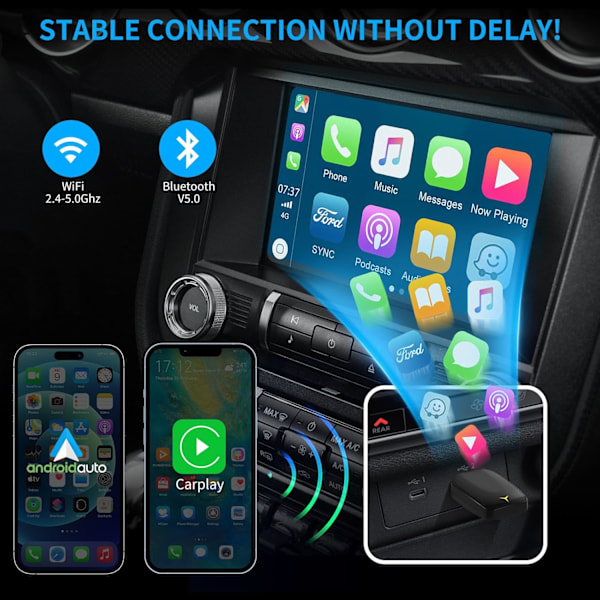 Trådlös Carplay och Android Auto-adapter, 2 i 1-sticka konverterar trådbunden Android Auto/Carplay till trådlös, lämplig för bilar med AA