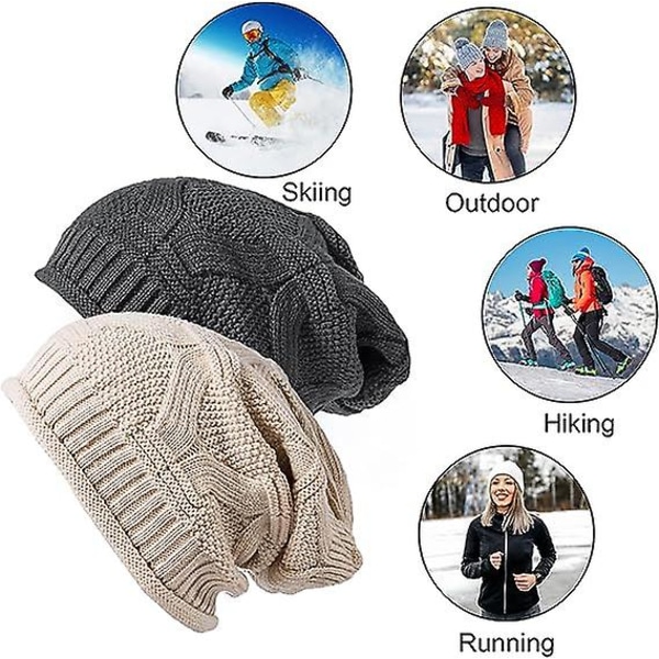 Sztxj Fashion 2-pack - Beige & mörkgrå dam slouchy mössa vinter stickad mjuk hatt för kvinnor och män