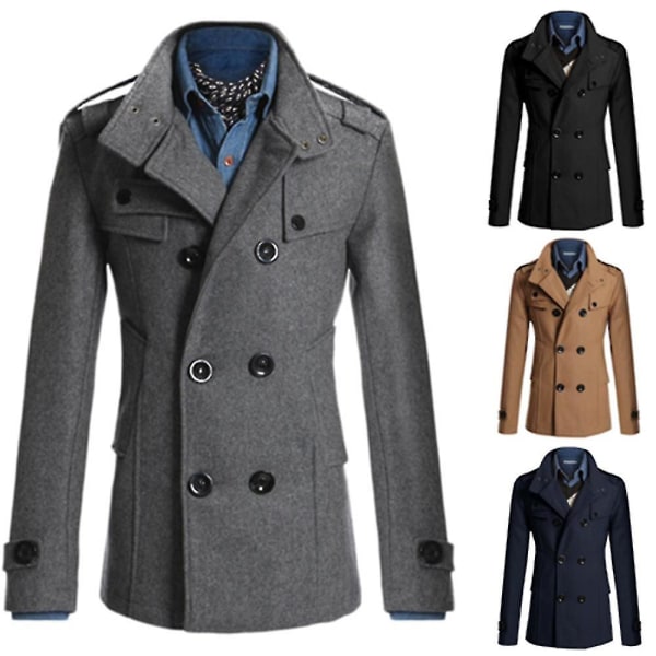 Herr Dubbelknäppt Vinterjacka Vintage Mode Trenchcoat Solid Färg 3XL Navy Blue