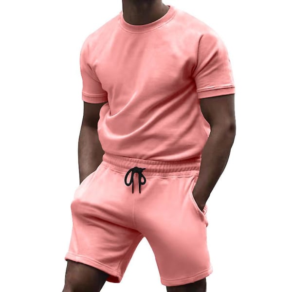 Herr 2-delars casual kortärmad shorts casual sportkostym Pink 2XL