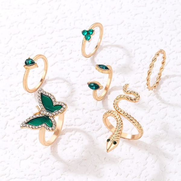 6 Stk. Papillon Vert Knuckle Krystall Slangeformet Ring Sett Vanndråpe Imitasjon Emerald Fingerledd Stablebar Ring Smykker For Kvinner Og Jenter