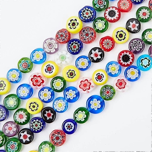 5 tråder 6mm Millefiori Lampwork Glassperler Flat Runde Spacerperler for Smykkefremstilling