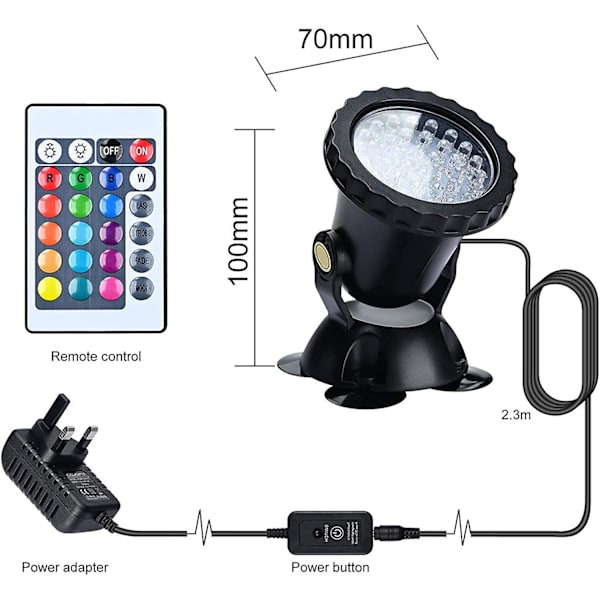 Rgb Led Akvarium Floodlight, ip68 Vandtæt, med Fjernbetjening (1 stk.) (EU Stik)