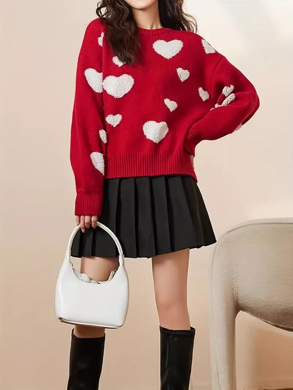 Sweater med hjertemønster, afslappet langærmet sweater til efterår og vinter, dametøj M