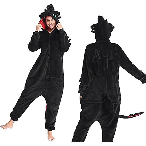 Män Kvinnor Pyjamas Dragon Animal Jumpsuit, Cosplay-kostym med dragkedja Black 1 XL