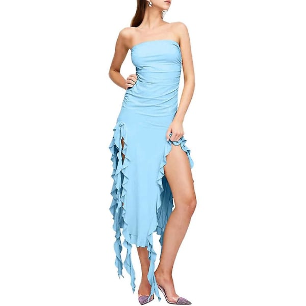 Kvinnor Sexig oregelbunden volangfåll Axelbandslös klänning Fest lång klänning BLUE L