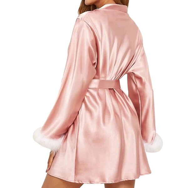 Silkeagtige kimono-morgenkåber til kvinder med plys, brudepiger, brud, satin badekåbe Red M