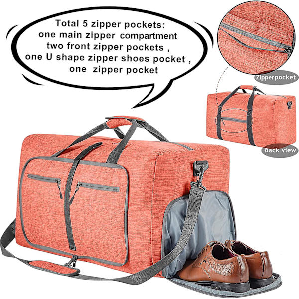 Reise-Dufflebag for menn, 65l sammenleggbar reise-duffelbag med sko-rom nattpose for menn kvinner vanntett og rivebestandig Pink