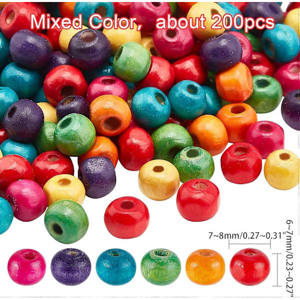 200 st 7mm Träpärlor Blandade Färger Makramepärlor Runda Träkulor Lösa Distanspärlor för Smyckestillverkning Heminredning Makrame Jul Halloween Lång