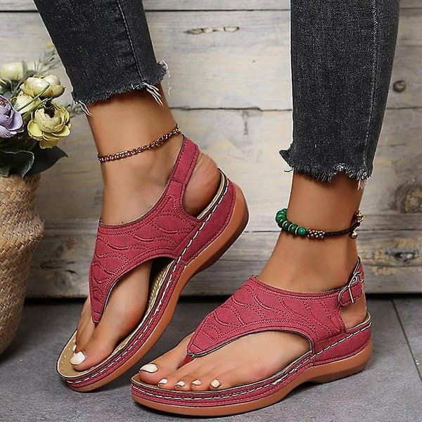 Dames Solid Farvede Brodererede Flip Flop Sandaler Strandtøfler 086 Red EU 36