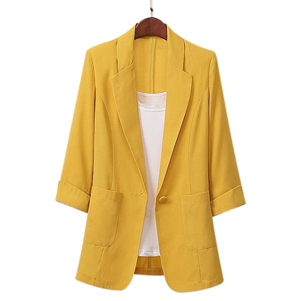 Bomull och linne Lång och stor kostymjacka Lös casual Damkläder M Lemon Yellow