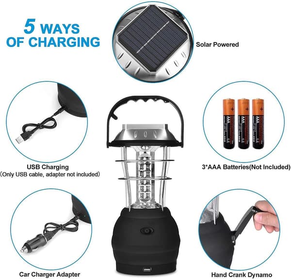 Solcellelykt, Ultrasterk LED-campinglykt, 2 Justerbare Lysmoduser, 5 Lademetoder, Med Håndsveivdynamo, Lang Levetid For Camping