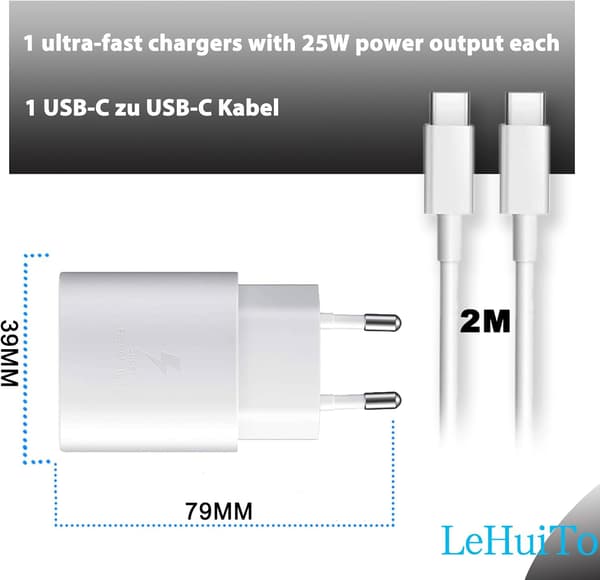 25 W Hurtiglader USB C, Strømforsyningslader, Ladeplugg USB C Hurtigladeradapter med 2 m Ladekabel hvit
