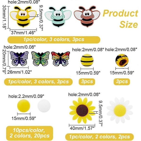 34 stk. 12 stilarter Silikone Focal Perler Bi Blomst Sommerfugl Formet Silikone Perler Gummi Perler til Perlepenne Nøgleringe Halskæder Smykkefremstilling Håndværk