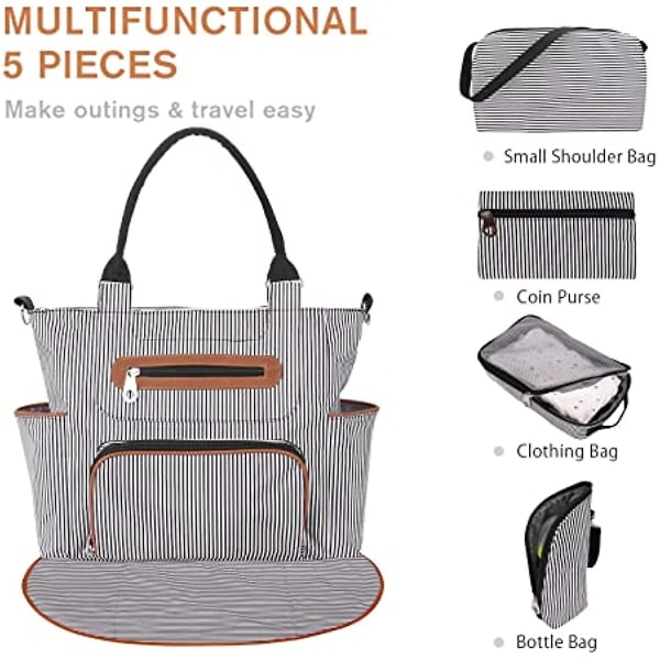 Sonarin 7 stk. pusletaske sæt multifunktionel mor taske baby pusletaske skuldertaske håndtaske rejse ble taske med flaske taske pusleunderlag og Black