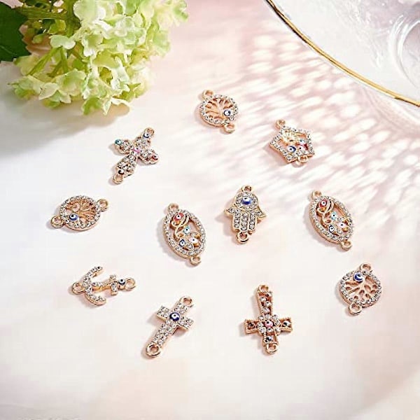 32 stk. Evil Eye-konnektorer, forgyldt rhinestone, kors, oval Hamsa-hånd, flad rund Tree of Life-led, charms, Lucky Chakra-vedhæng til smykkefremstilling